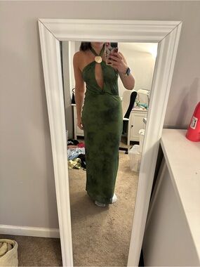 SHEIN Olive Green Halter Maxi Dress with Gold Ring